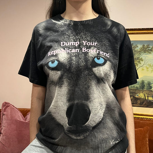 DUMP YOUR REPUBLICAN BOYFRIEND wolf t-shirt with pink text (L)