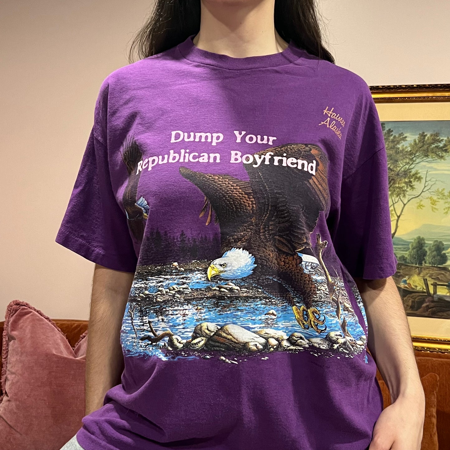 DUMP YOUR REPUBLICAN BOYFRIEND eagle t-shirt with pink text (L)