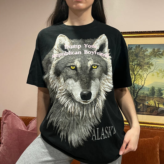 DUMP YOUR REPUBLICAN BOYFRIEND wolf t-shirt with pink text (XL)