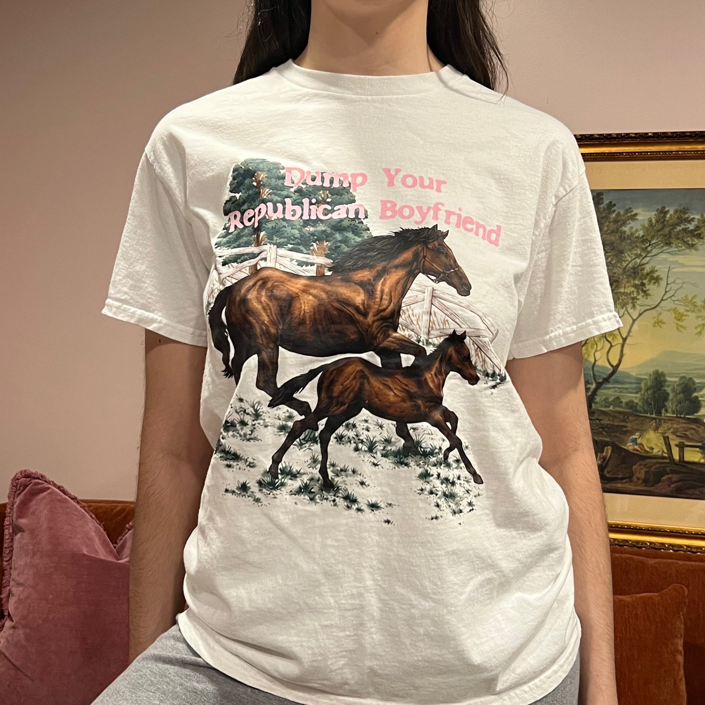 DUMP YOUR REPUBLICAN BOYFRIEND horse t-shirt with pink text (M)