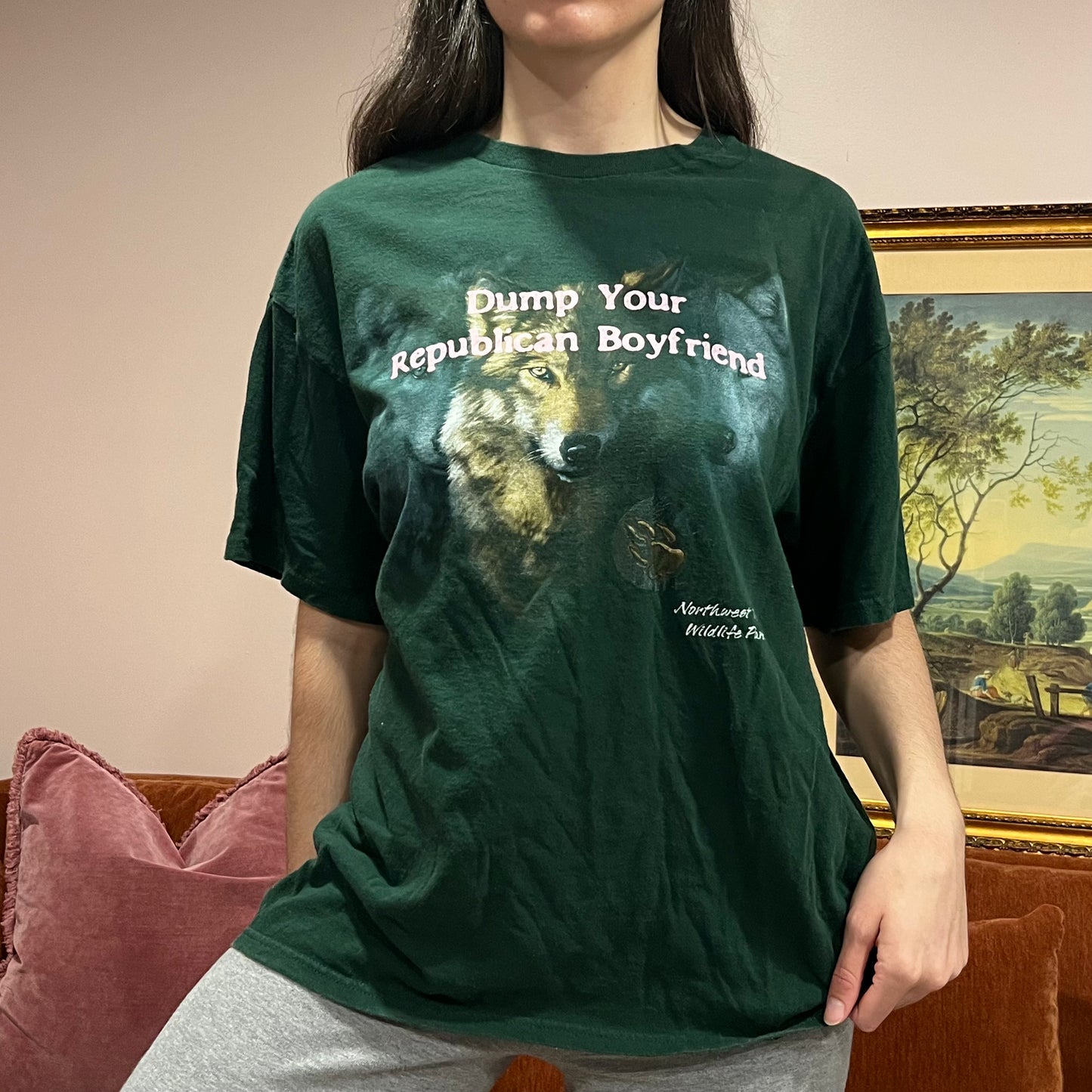 DUMP YOUR REPUBLICAN BOYFRIEND wolf t-shirt with pink text (XL)