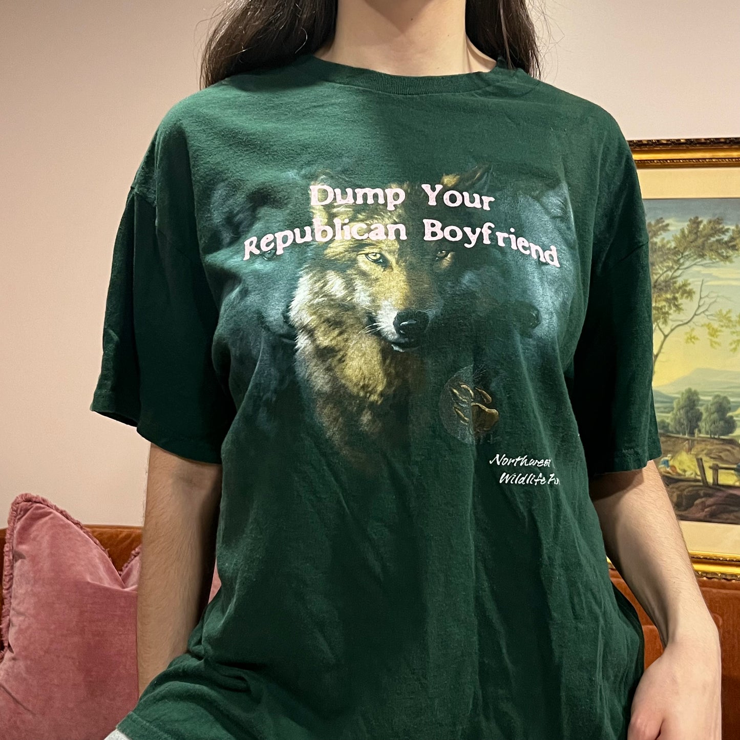DUMP YOUR REPUBLICAN BOYFRIEND wolf t-shirt with pink text (XL)