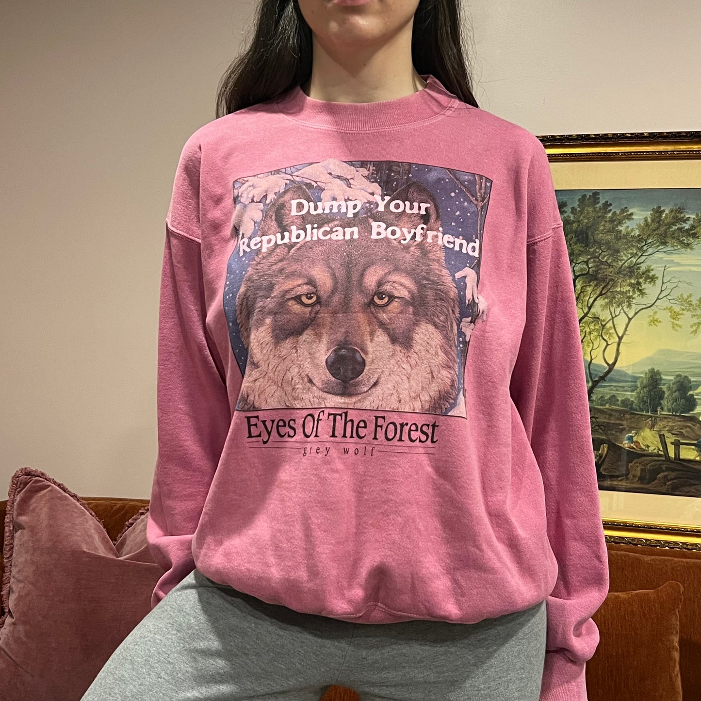 DUMP YOUR REPUBLICAN BOYFRIEND wolf crewneck with pink text (XL)