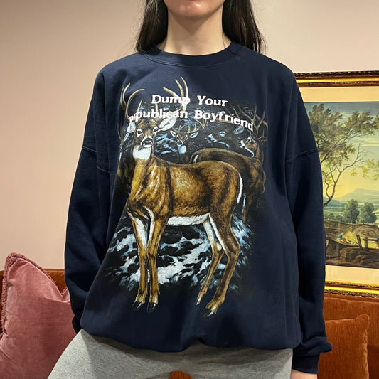 DUMP YOUR REPUBLICAN BOYFRIEND deer crewneck with pink text (2XL)