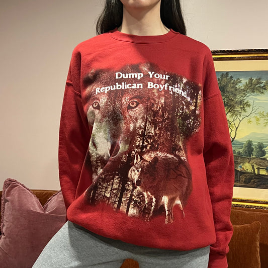 DUMP YOUR REPUBLICAN BOYFRIEND wolf crewneck with pink text (XL)