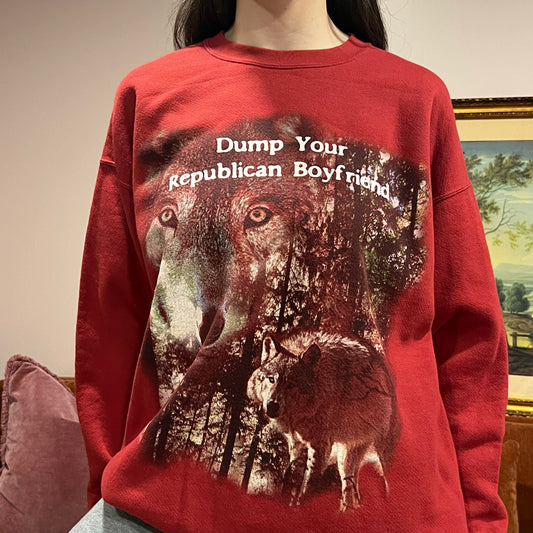 DUMP YOUR REPUBLICAN BOYFRIEND wolf crewneck with pink text (XL)
