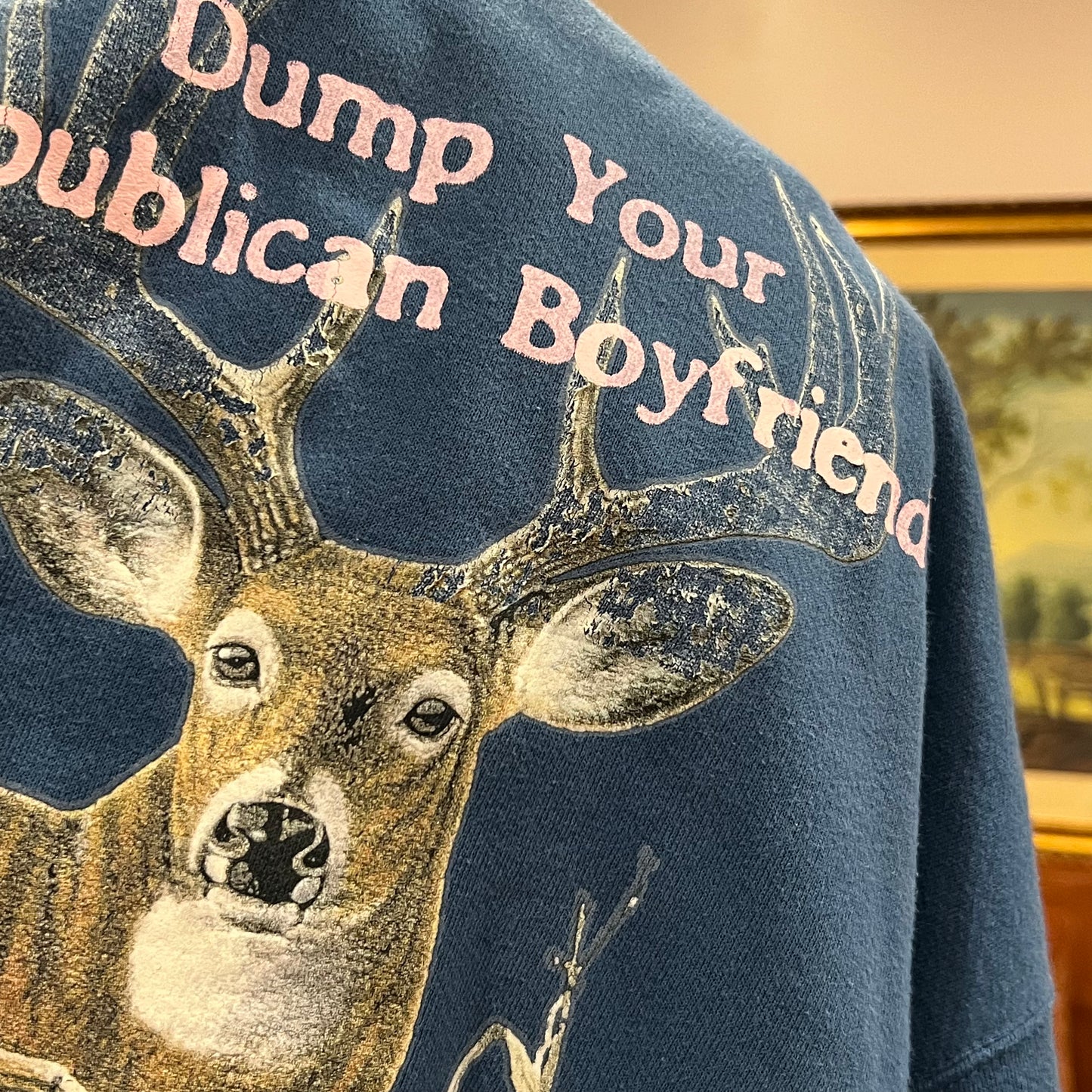DUMP YOUR REPUBLICAN BOYFRIEND deer crewneck with pink text (XL)