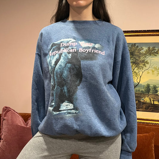 DUMP YOUR REPUBLICAN BOYFRIEND bear crewneck with pink text (L)
