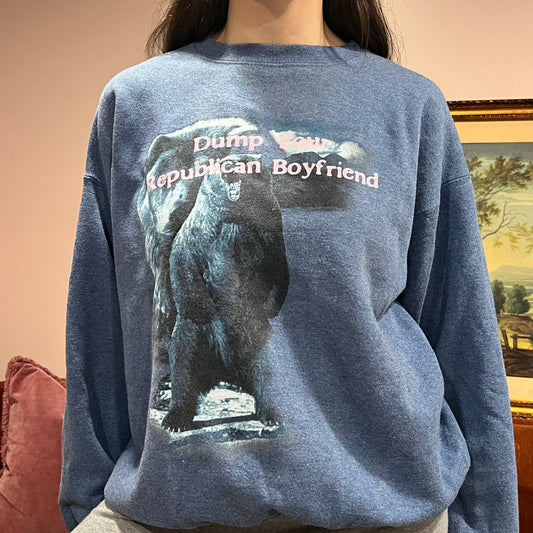 DUMP YOUR REPUBLICAN BOYFRIEND bear crewneck with pink text (L)