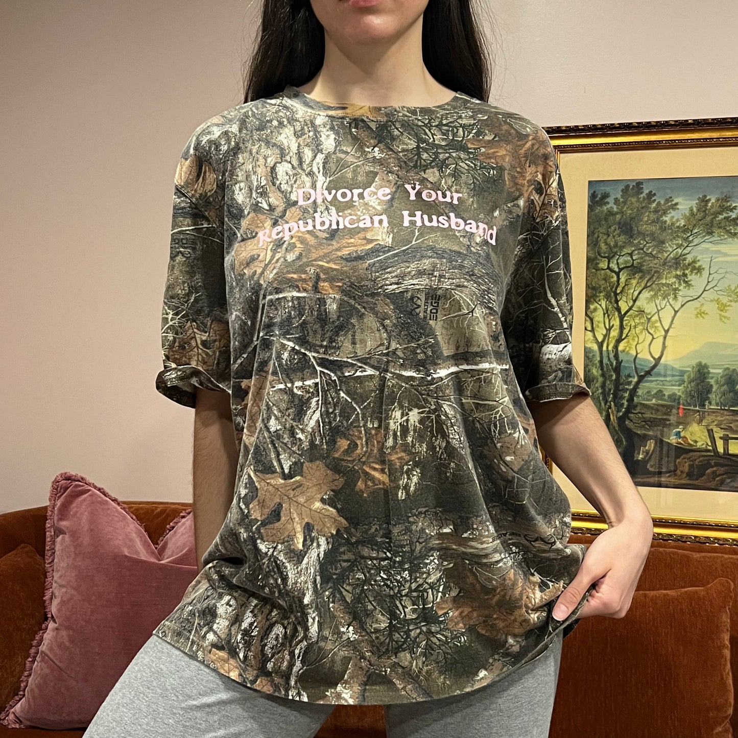 DIVORCE YOUR REPUBLICAN HUSBAND camo t-shirt with pink text (2XL)