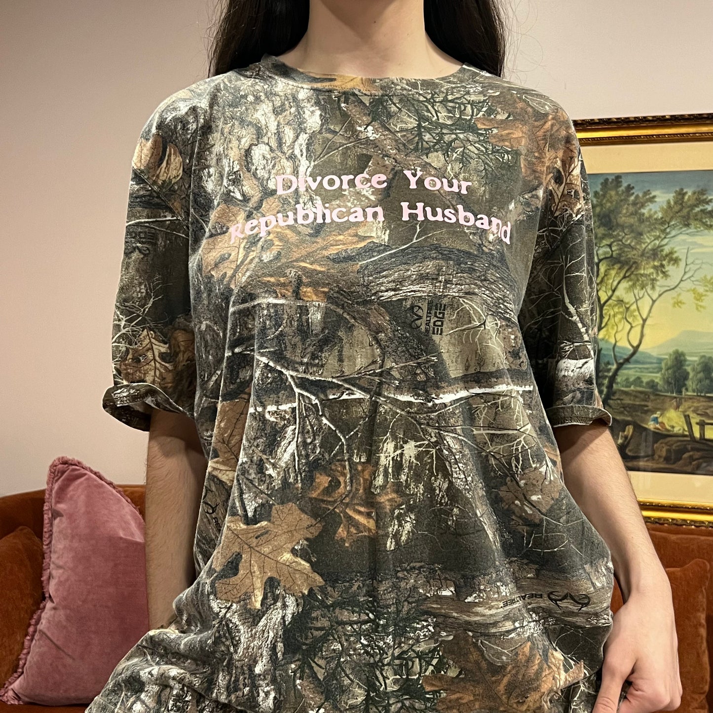DIVORCE YOUR REPUBLICAN HUSBAND camo t-shirt with pink text (2XL)