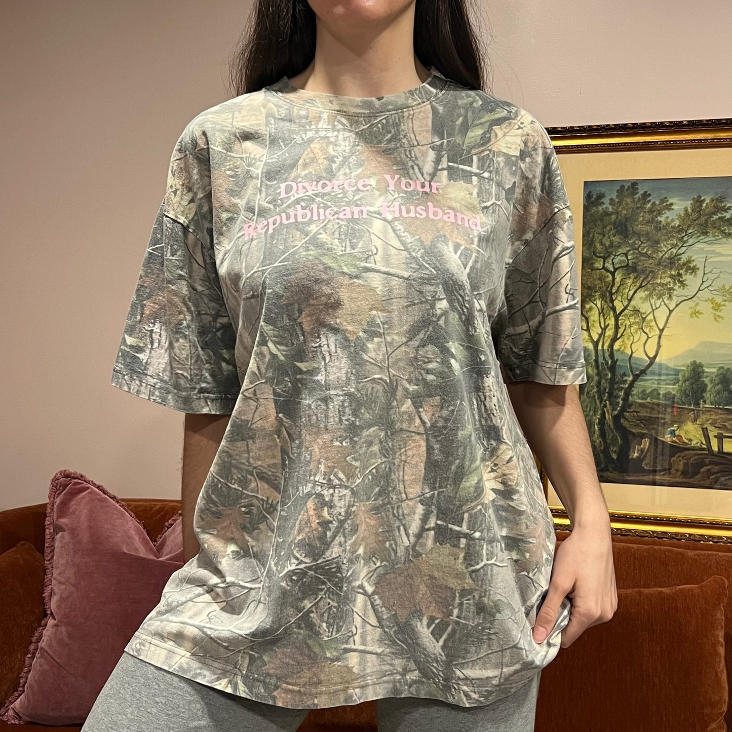DIVORCE YOUR REPUBLICAN HUSBAND camo t-shirt with pink text (2XL)