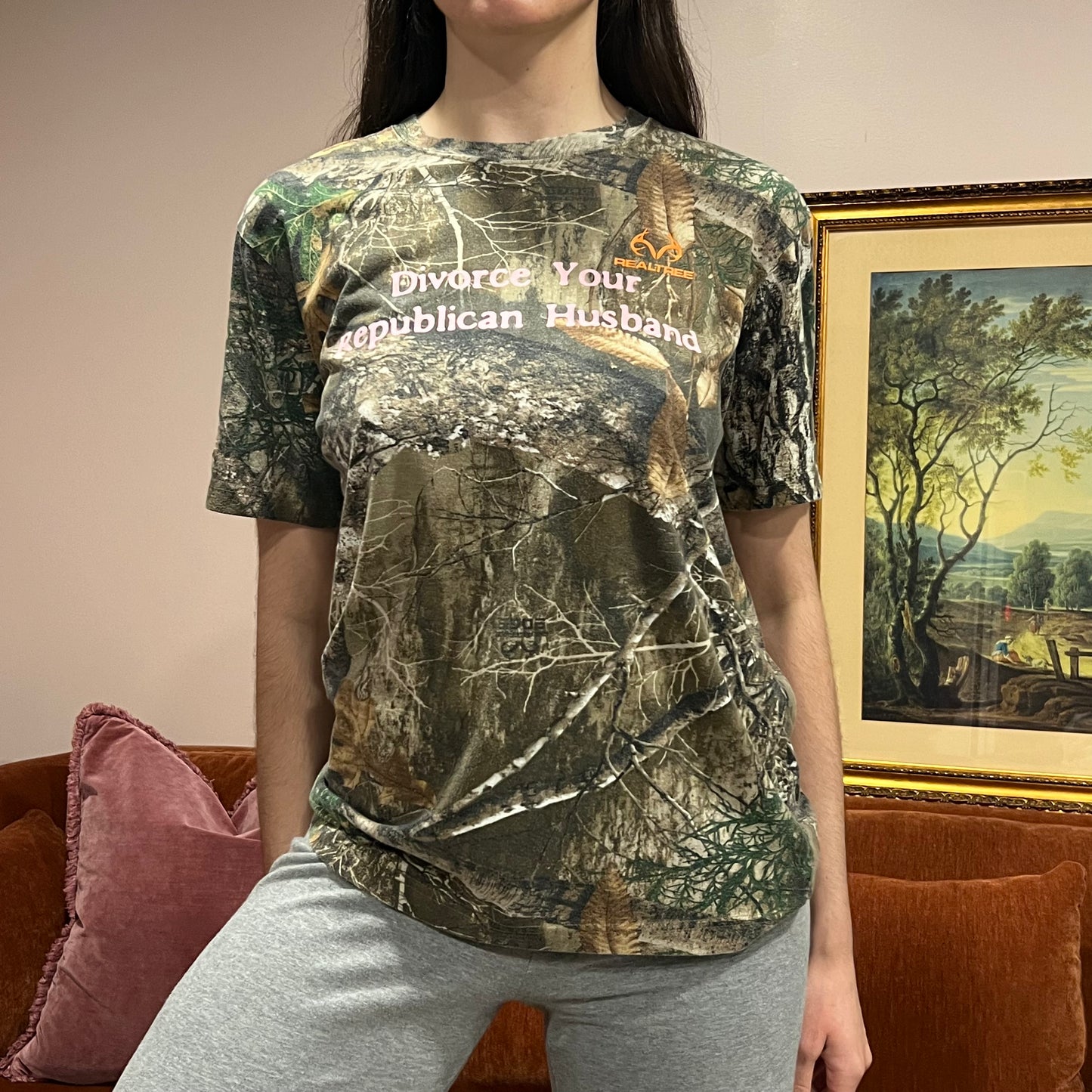 DIVORCE YOUR REPUBLICAN HUSBAND camo t-shirt with pink text (M)