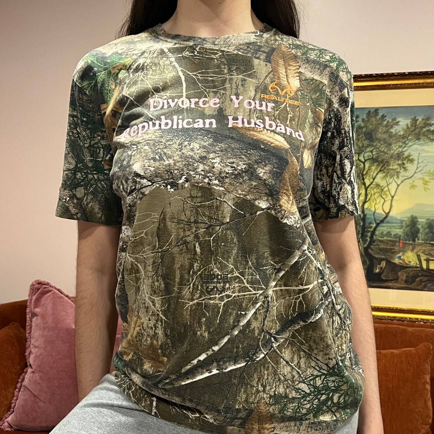 DIVORCE YOUR REPUBLICAN HUSBAND camo t-shirt with pink text (M)