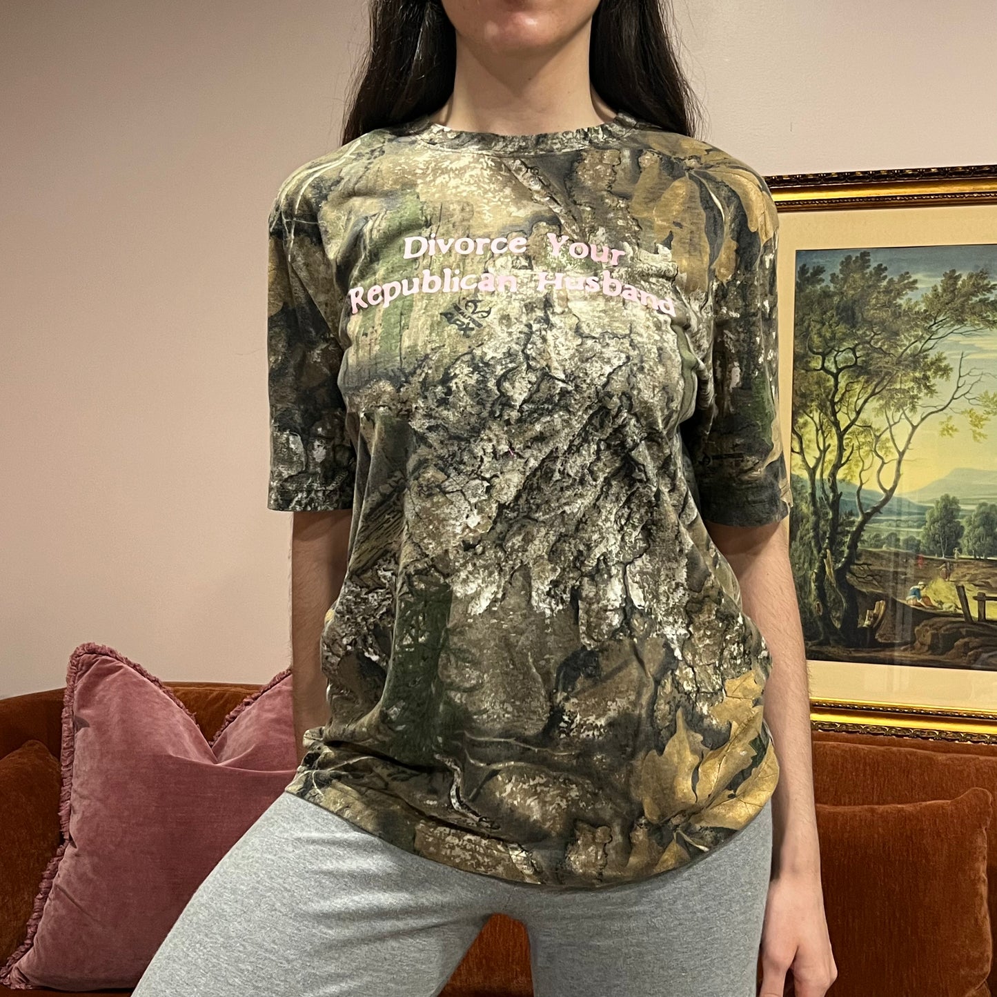 DIVORCE YOUR REPUBLICAN HUSBAND camo t-shirt with pink text (M)