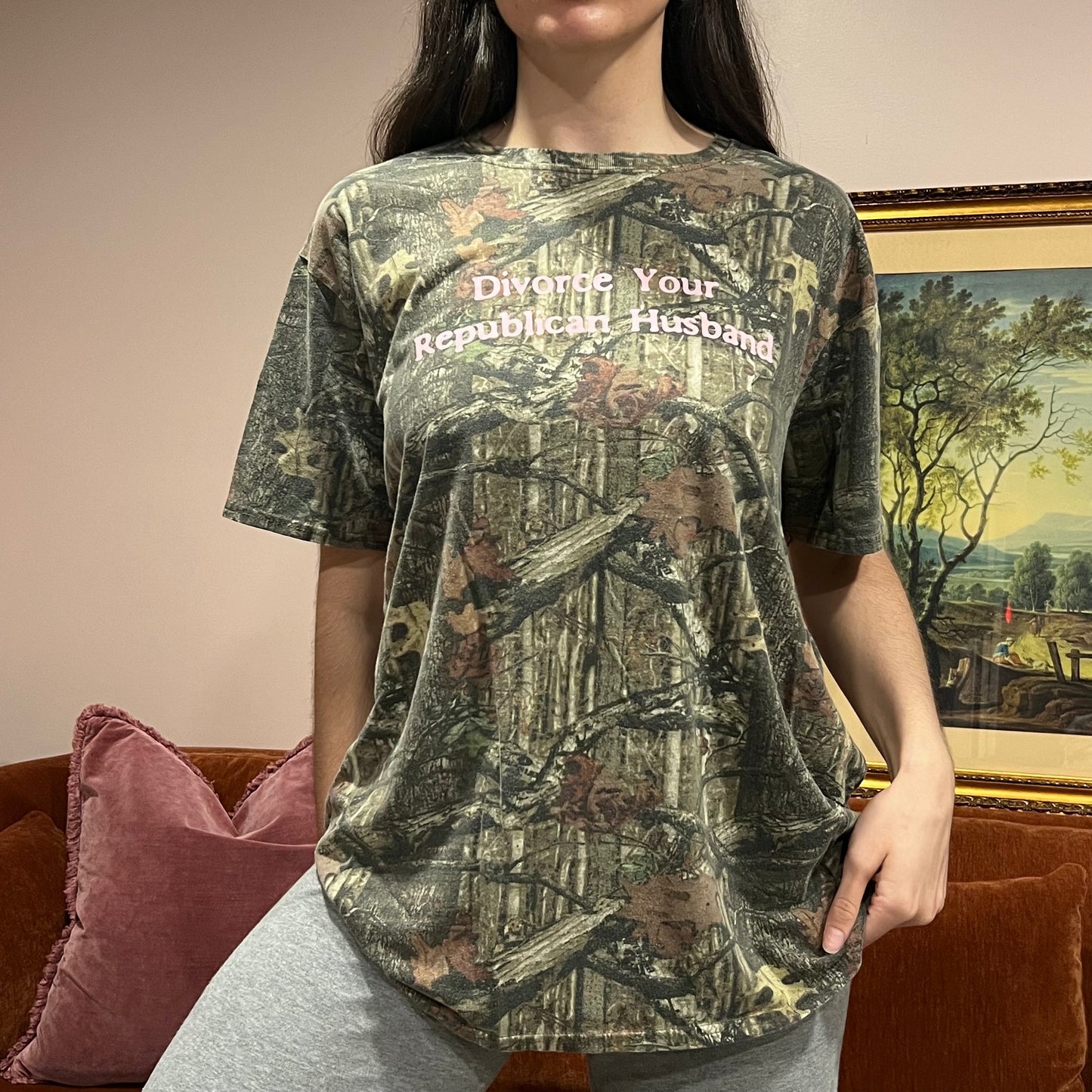 DIVORCE YOUR REPUBLICAN HUSBAND camo t-shirt with pink text (L/XL)