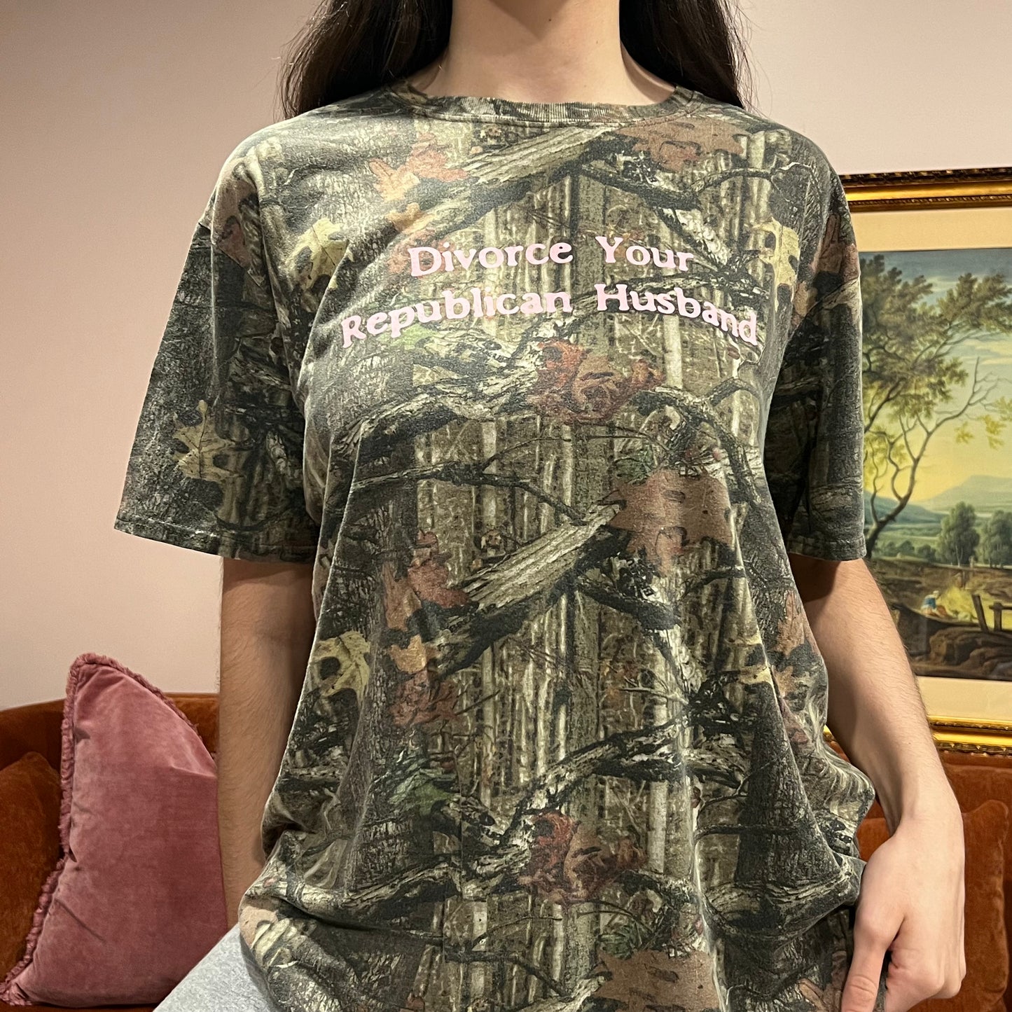 DIVORCE YOUR REPUBLICAN HUSBAND camo t-shirt with pink text (L/XL)
