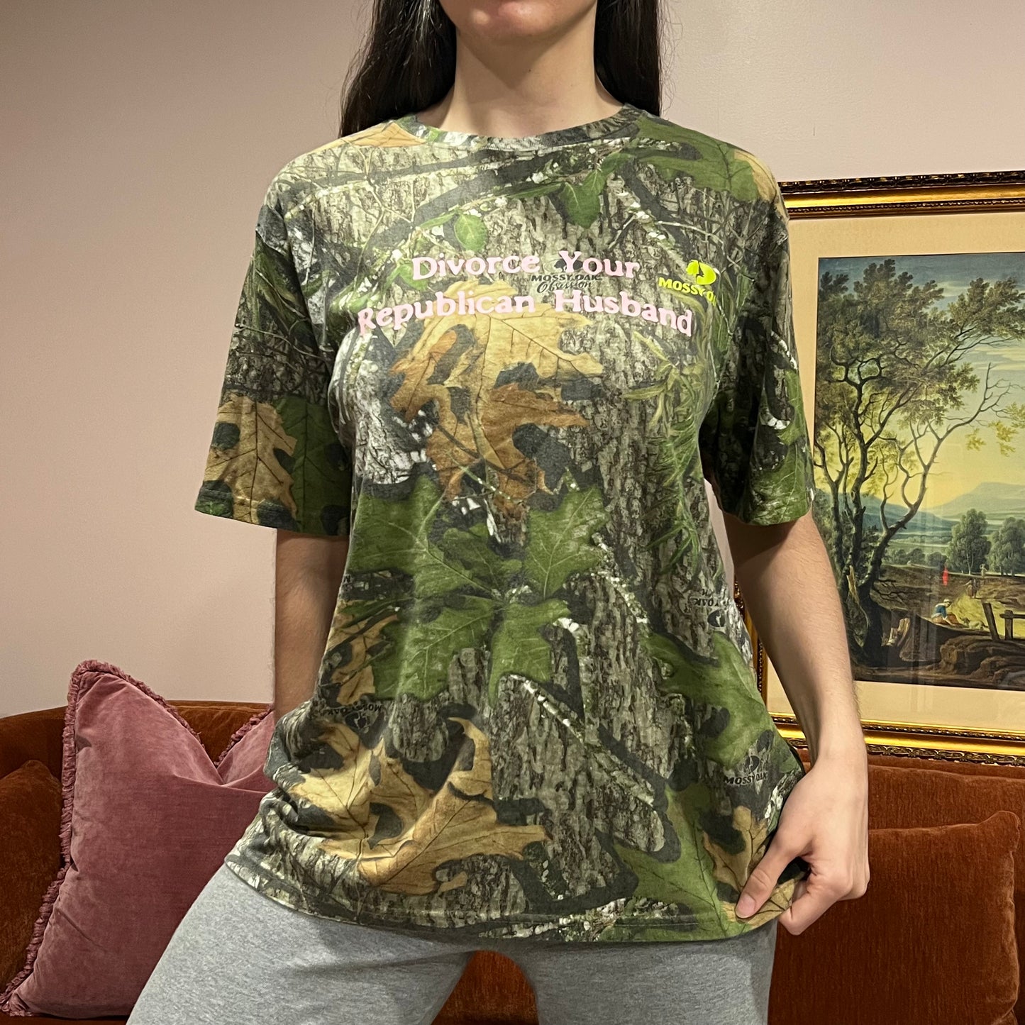 DIVORCE YOUR REPUBLICAN HUSBAND camo t-shirt with pink text (L/XL)