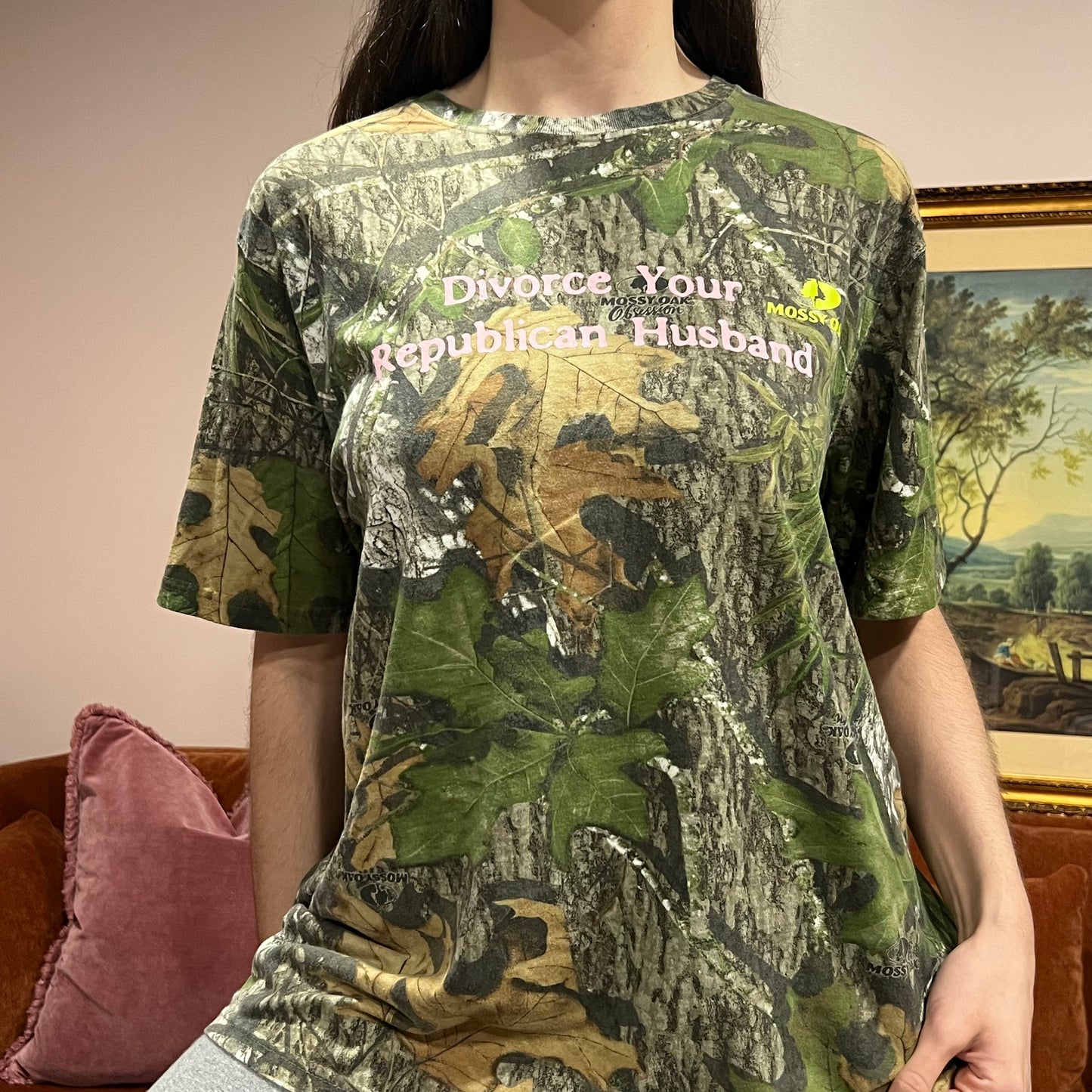 DIVORCE YOUR REPUBLICAN HUSBAND camo t-shirt with pink text (L/XL)