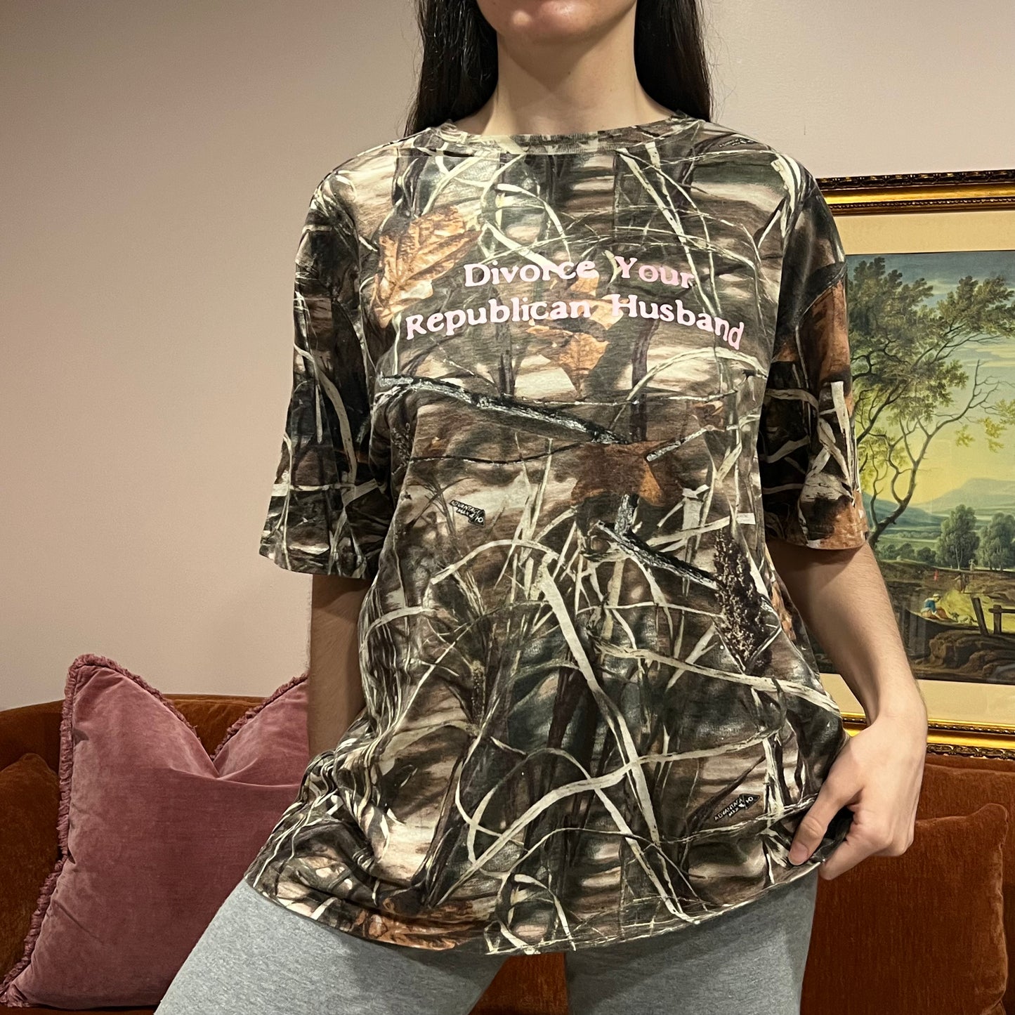 DIVORCE YOUR REPUBLICAN HUSBAND camo t-shirt with pink text (XL)
