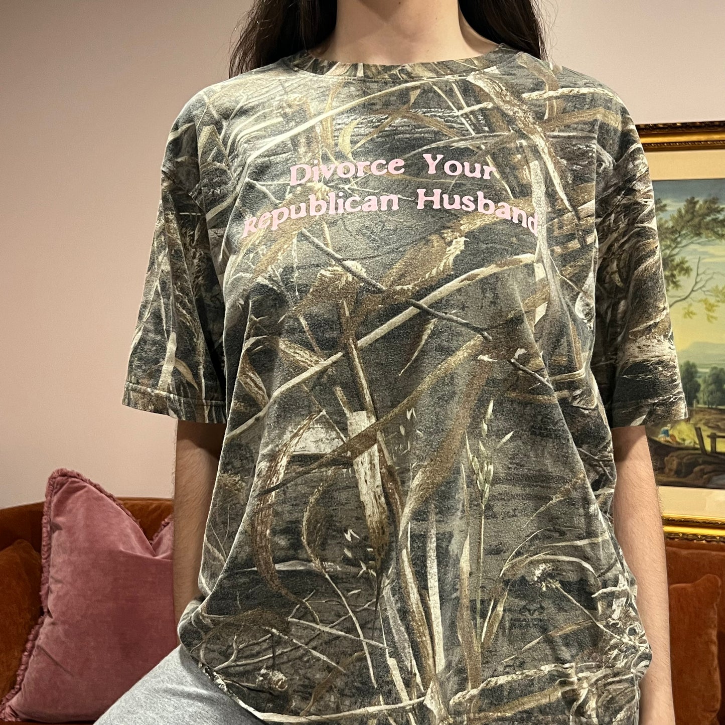 DIVORCE YOUR REPUBLICAN HUSBAND camo t-shirt with pink text (L)