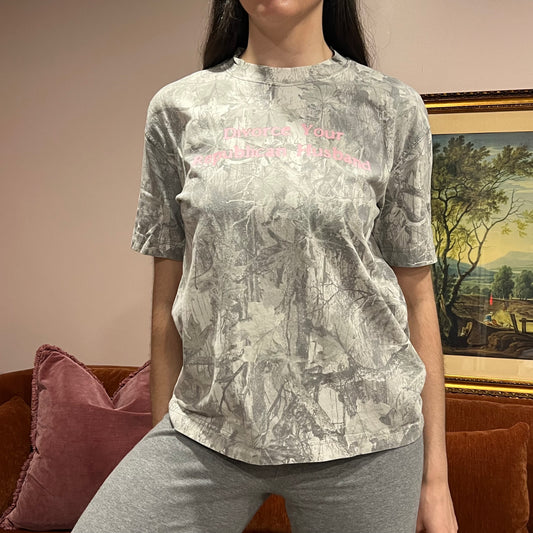 DIVORCE YOUR REPUBLICAN HUSBAND white camo t-shirt with pink text (S)