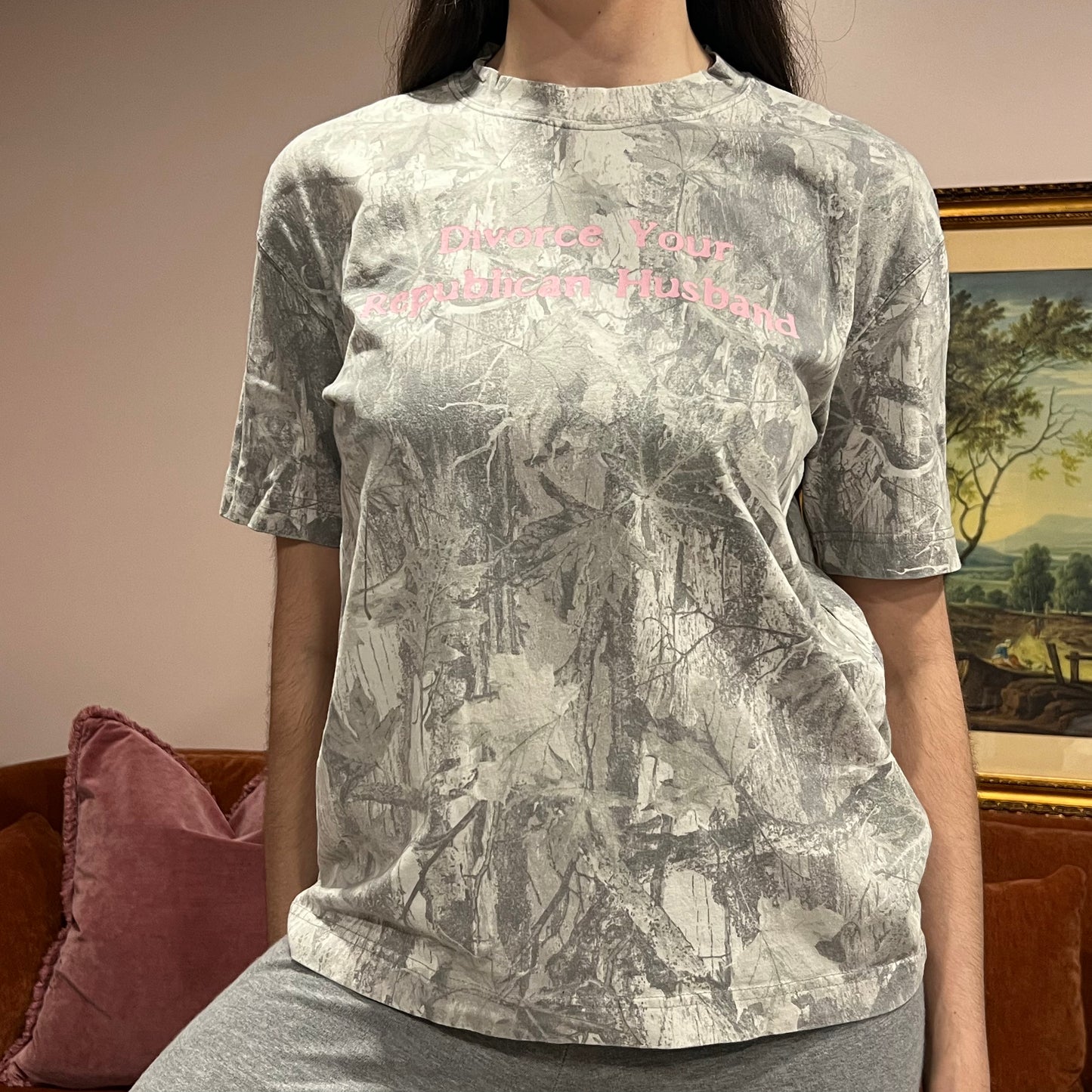 DIVORCE YOUR REPUBLICAN HUSBAND white camo t-shirt with pink text (S)