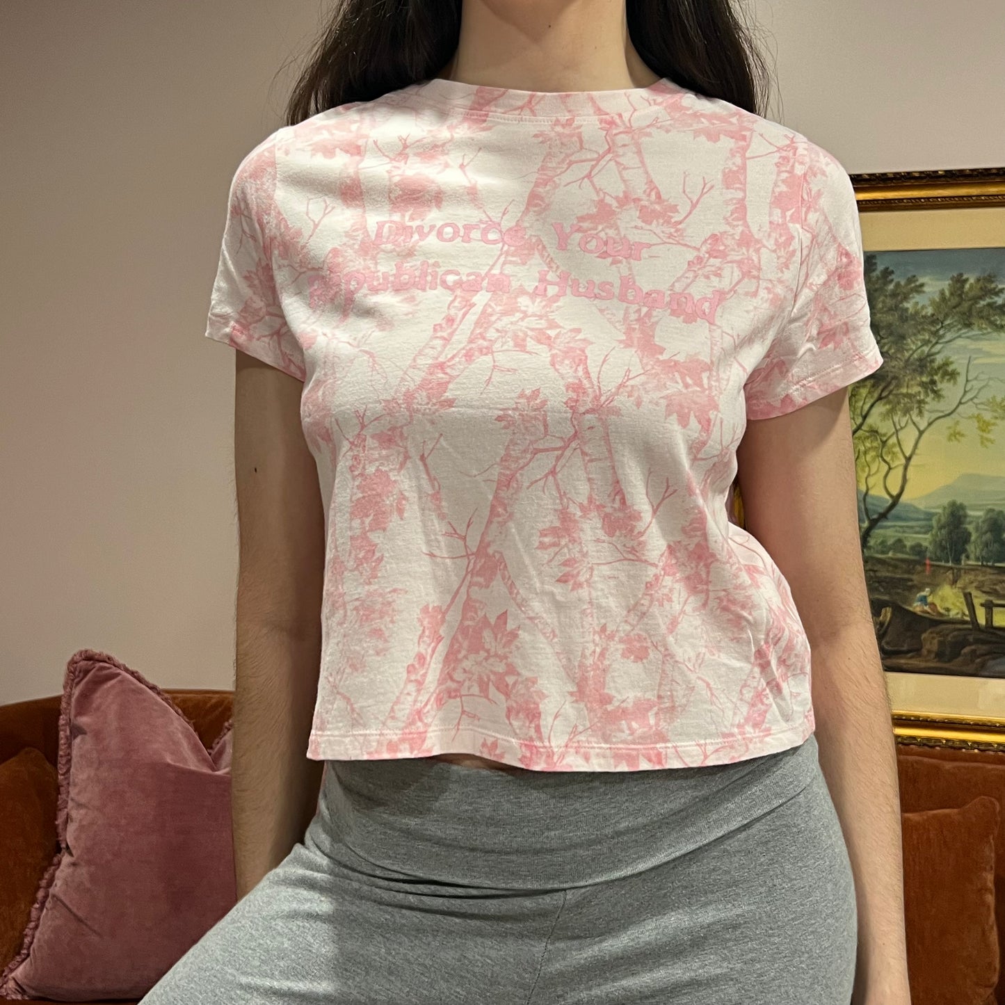 DIVORCE YOUR REPUBLICAN HUSBAND pink camo t-shirt with pink text (L)