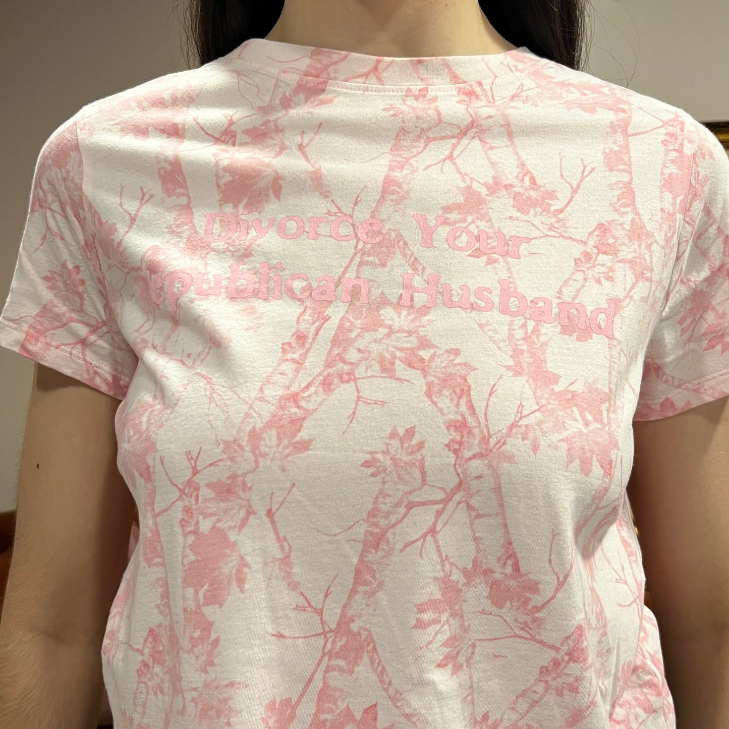 DIVORCE YOUR REPUBLICAN HUSBAND pink camo t-shirt with pink text (L)