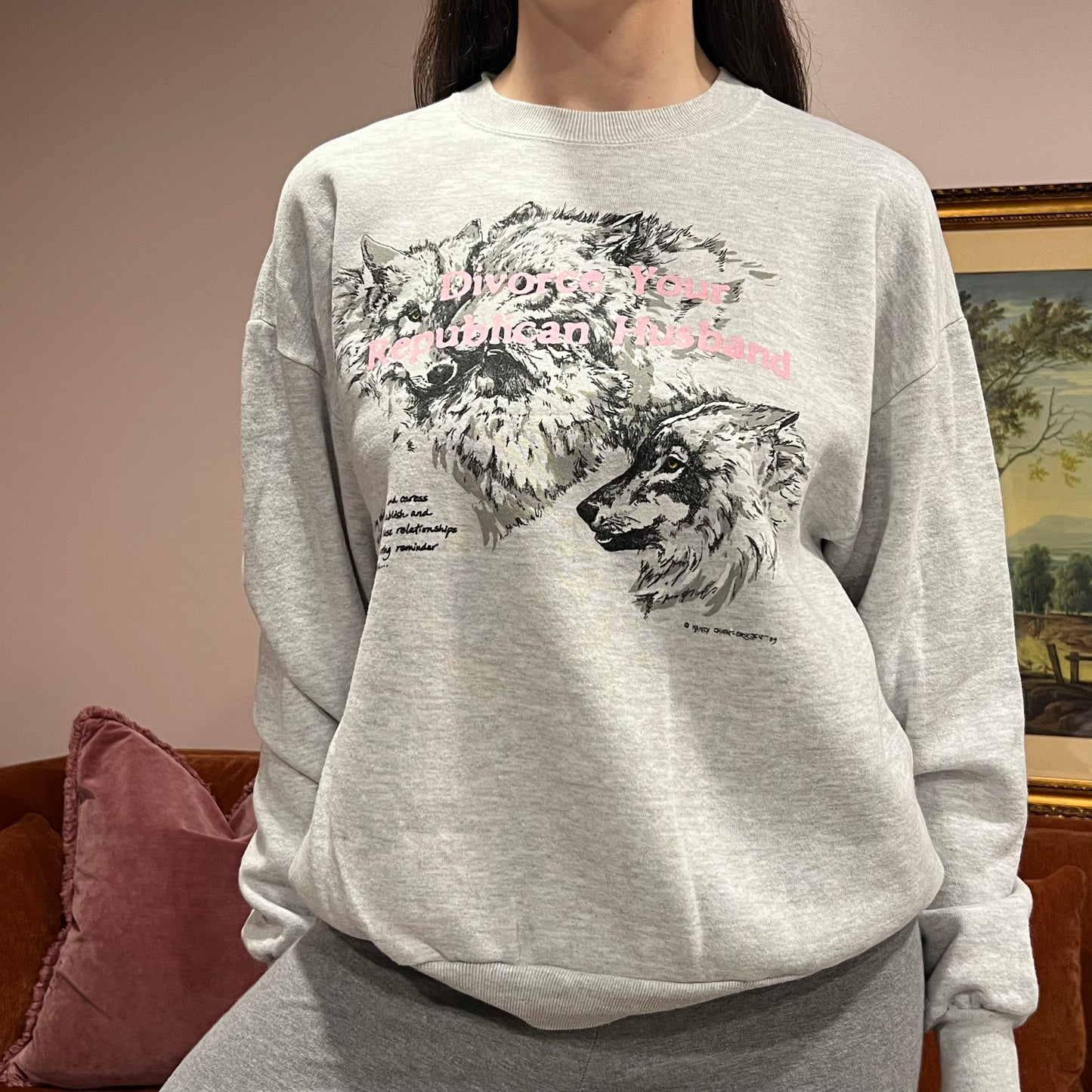 DIVORCE YOUR REPUBLICAN HUSBAND wolf crewneck with pink text (L)