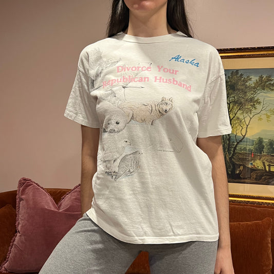 DIVORCE YOUR REPUBLICAN HUSBAND animal t-shirt with pink text (M/L)