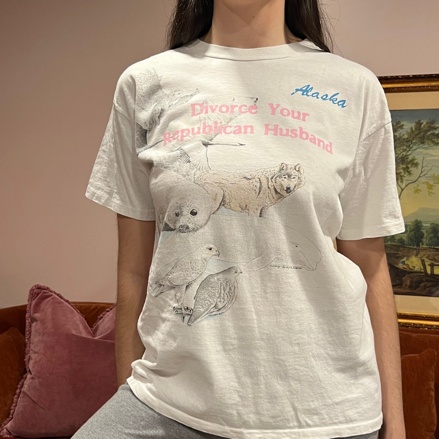 DIVORCE YOUR REPUBLICAN HUSBAND animal t-shirt with pink text (M/L)