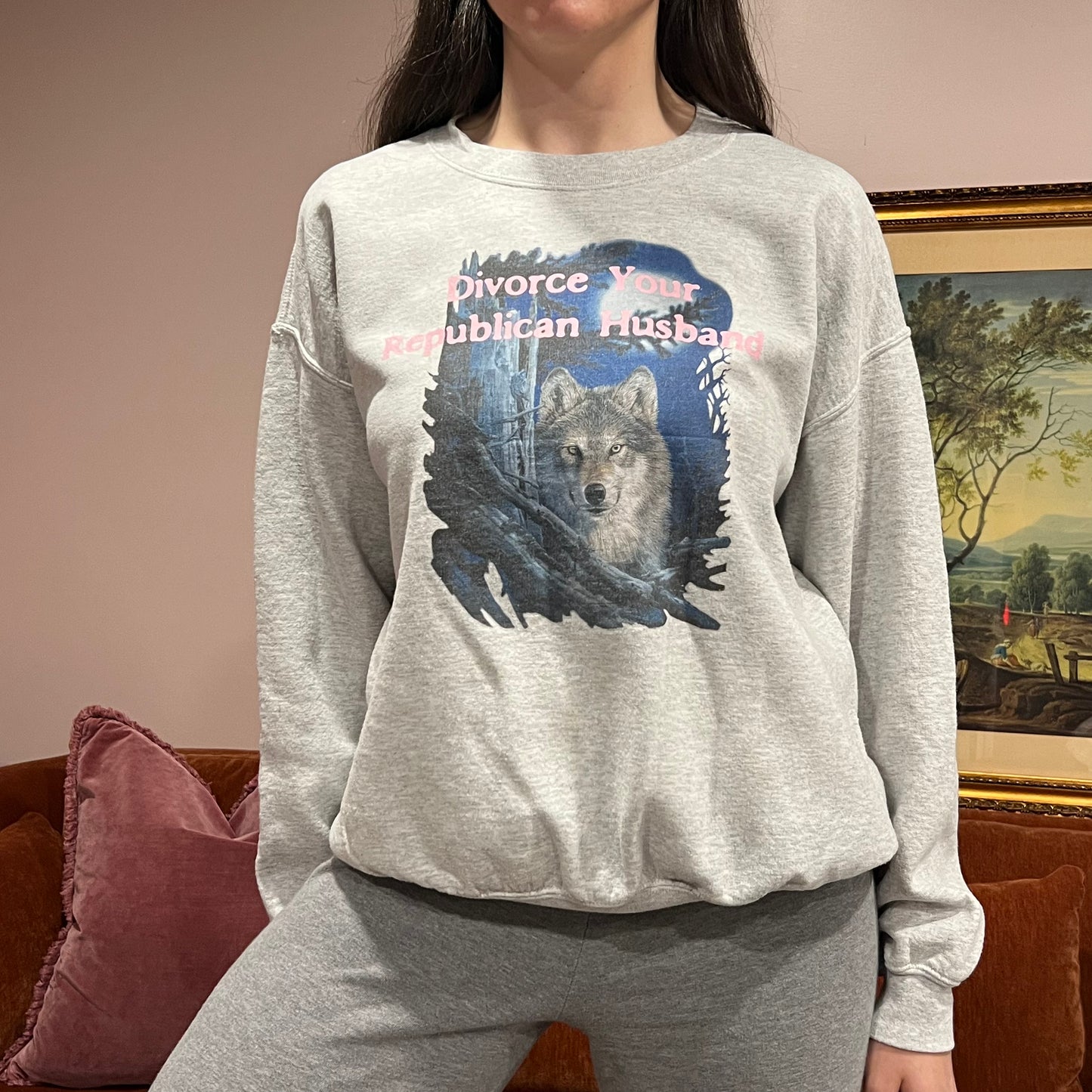 DIVORCE YOUR REPUBLICAN HUSBAND wolf crewneck with pink text (L)