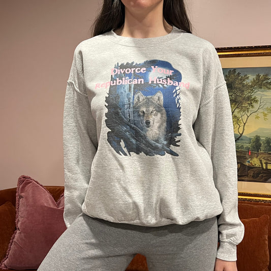 DIVORCE YOUR REPUBLICAN HUSBAND wolf crewneck with pink text (L)