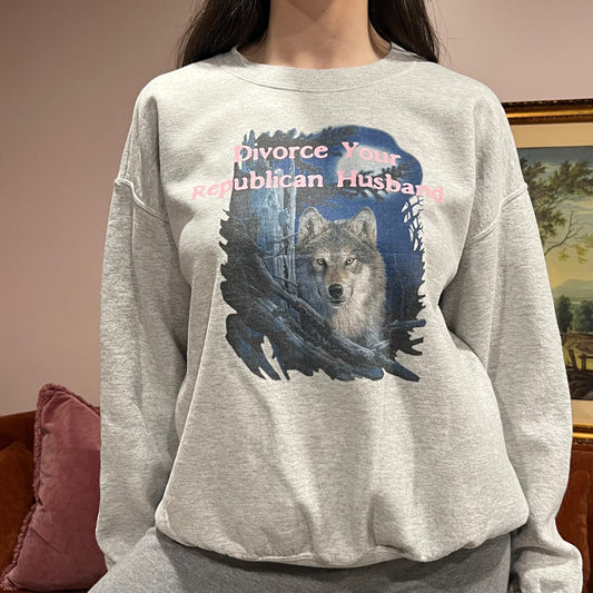DIVORCE YOUR REPUBLICAN HUSBAND wolf crewneck with pink text (L)