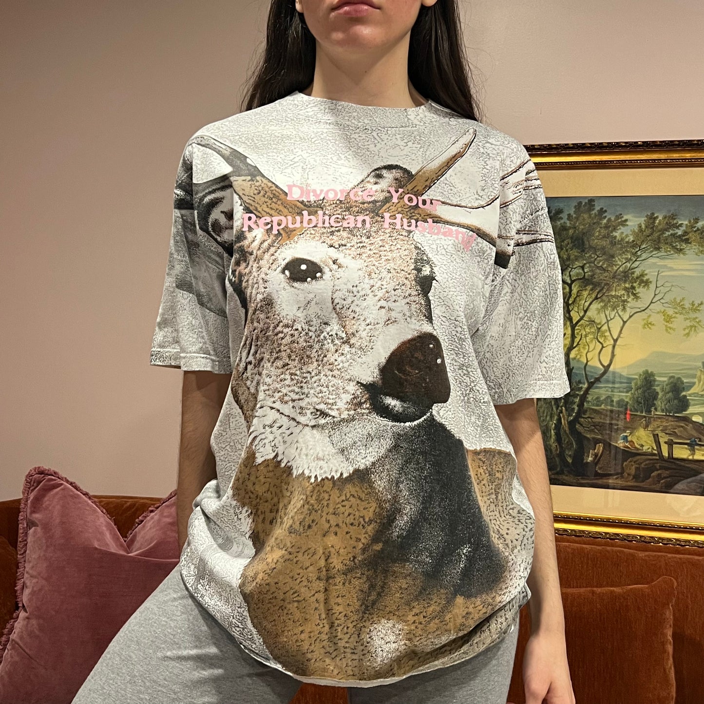 DIVORCE YOUR REPUBLICAN HUSBAND deer t-shirt with pink text (XL)