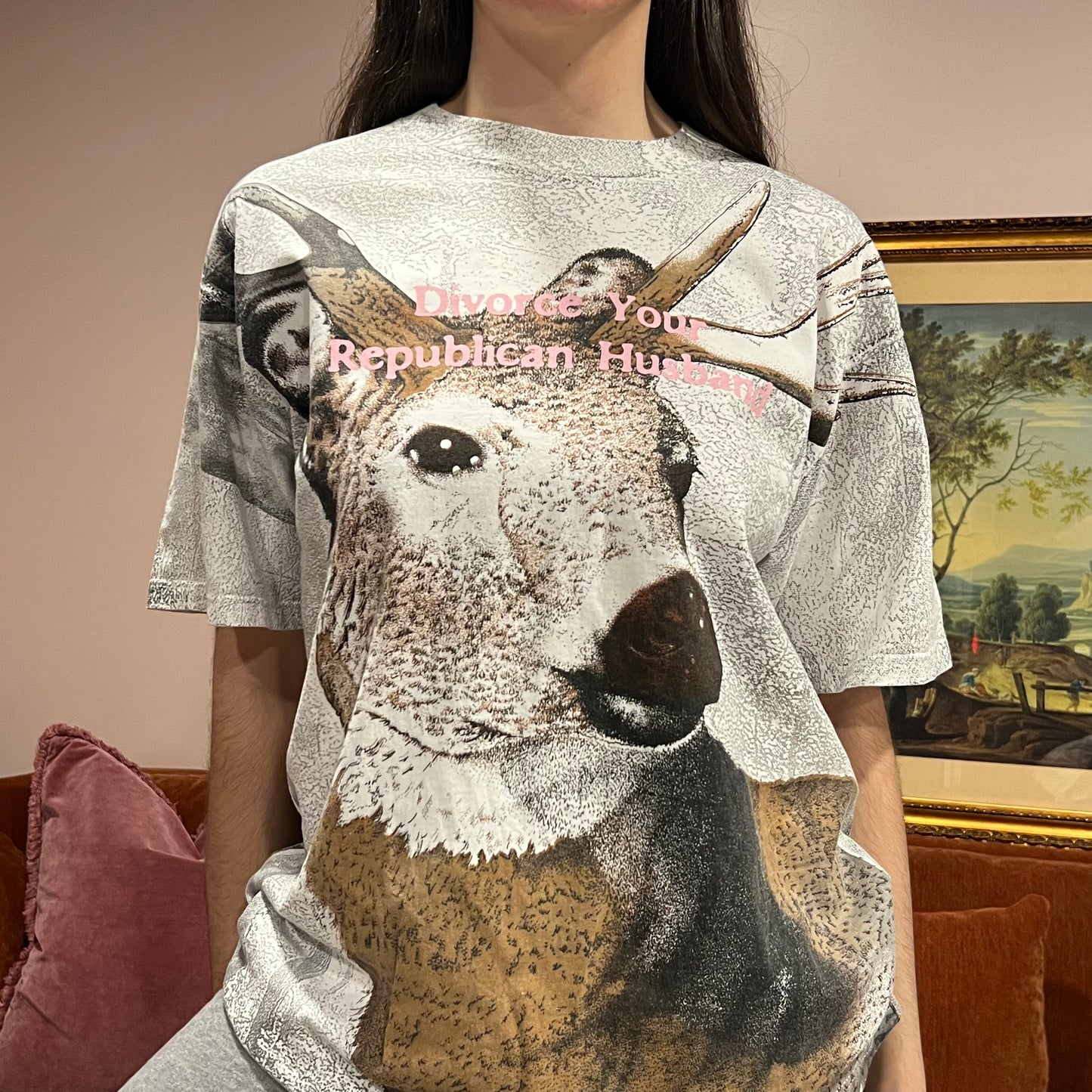 DIVORCE YOUR REPUBLICAN HUSBAND deer t-shirt with pink text (XL)