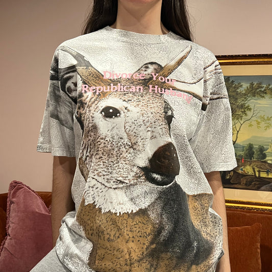 DIVORCE YOUR REPUBLICAN HUSBAND deer t-shirt with pink text (XL)