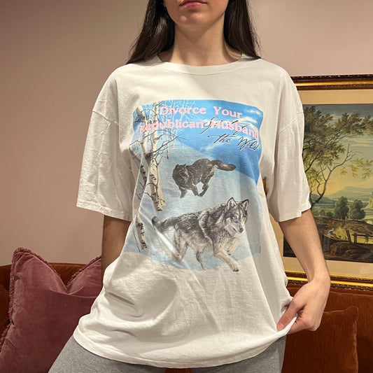 DIVORCE YOUR REPUBLICAN HUSBAND wolf t-shirt with pink text (XL)