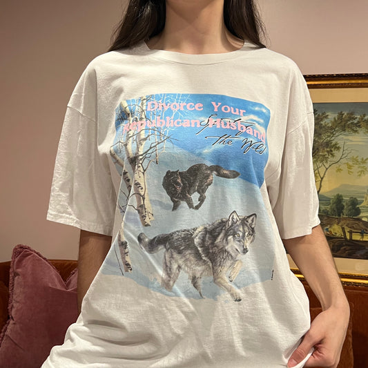 DIVORCE YOUR REPUBLICAN HUSBAND wolf t-shirt with pink text (XL)