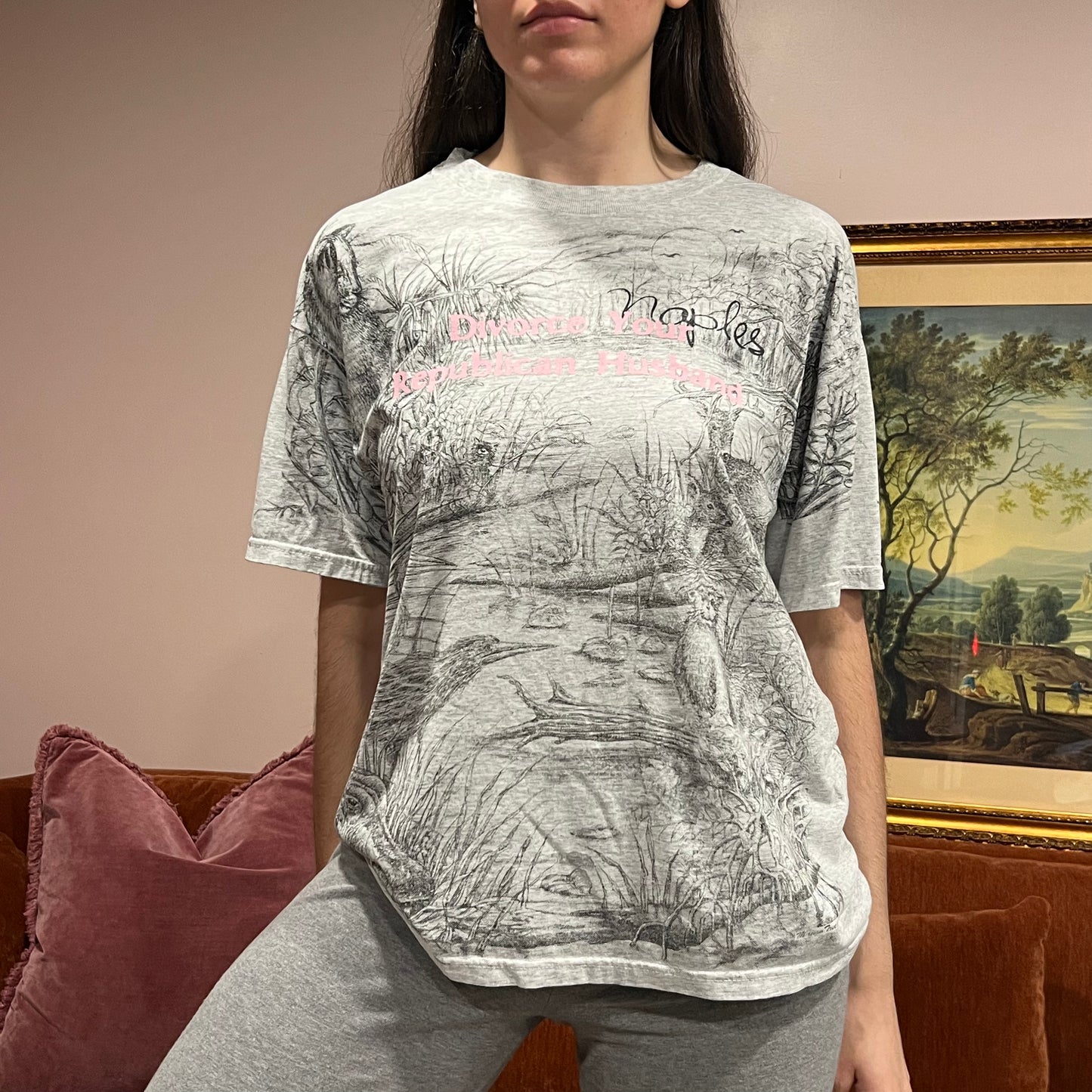 DIVORCE YOUR REPUBLICAN HUSBAND animal t-shirt with pink text (L/XL)