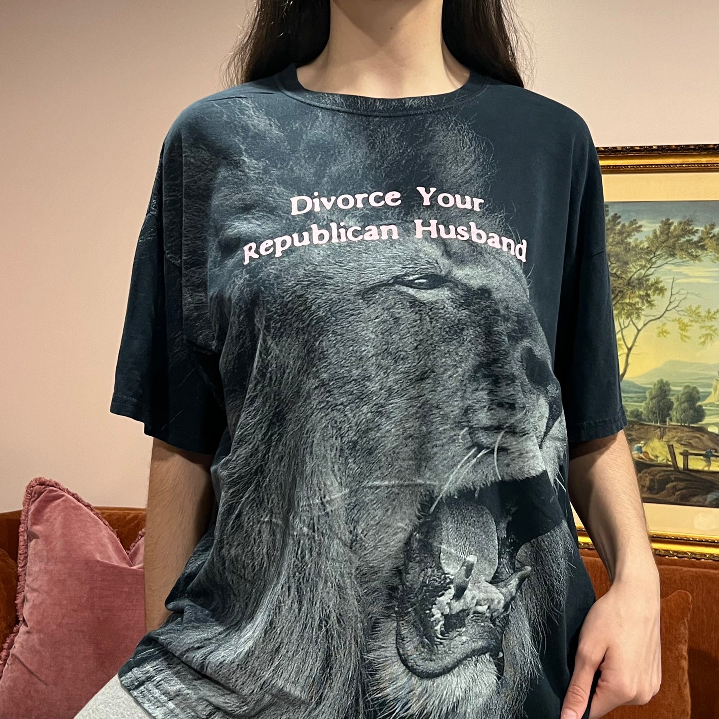 DIVORCE YOUR REPUBLICAN HUSBAND animal t-shirt with pink text (XL)