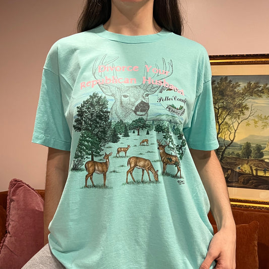 DIVORCE YOUR REPUBLICAN HUSBAND deer t-shirt with pink text (XL)