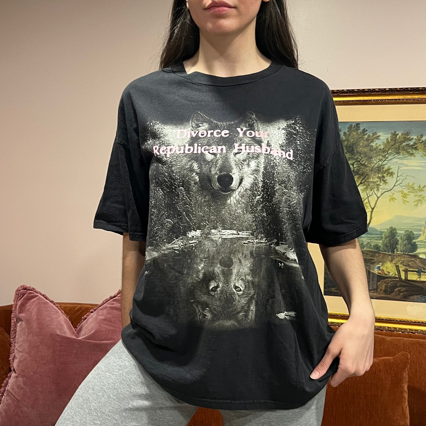 DIVORCE YOUR REPUBLICAN HUSBAND wolf t-shirt with pink text (XL)