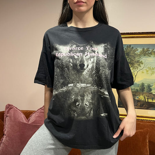DIVORCE YOUR REPUBLICAN HUSBAND wolf t-shirt with pink text (XL)
