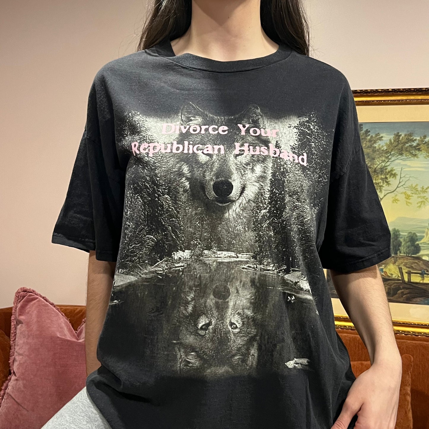 DIVORCE YOUR REPUBLICAN HUSBAND wolf t-shirt with pink text (XL)