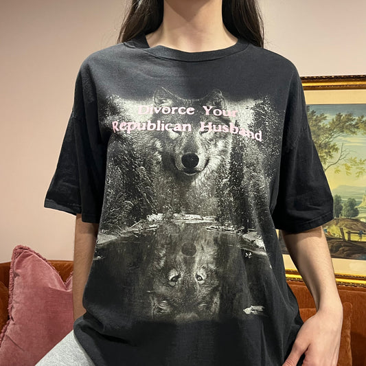 DIVORCE YOUR REPUBLICAN HUSBAND wolf t-shirt with pink text (XL)