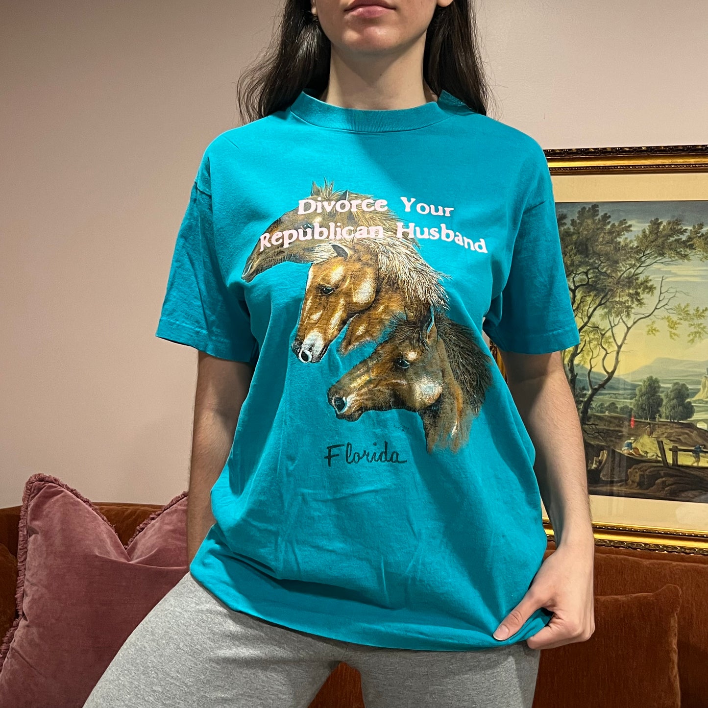 DIVORCE YOUR REPUBLICAN HUSBAND horse t-shirt with pink text (L)