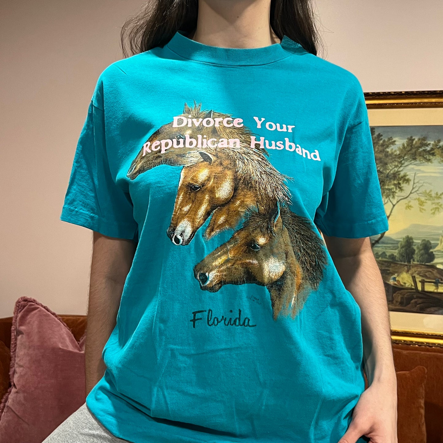 DIVORCE YOUR REPUBLICAN HUSBAND horse t-shirt with pink text (L)