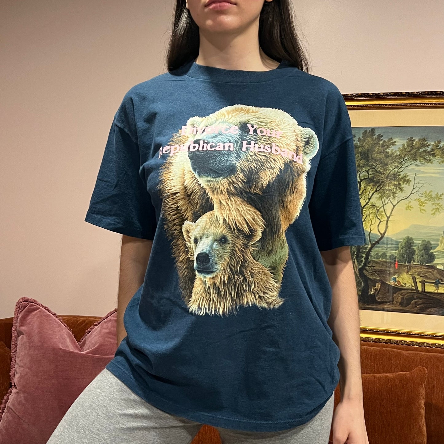 DIVORCE YOUR REPUBLICAN HUSBAND bear t-shirt with pink text (L/XL)